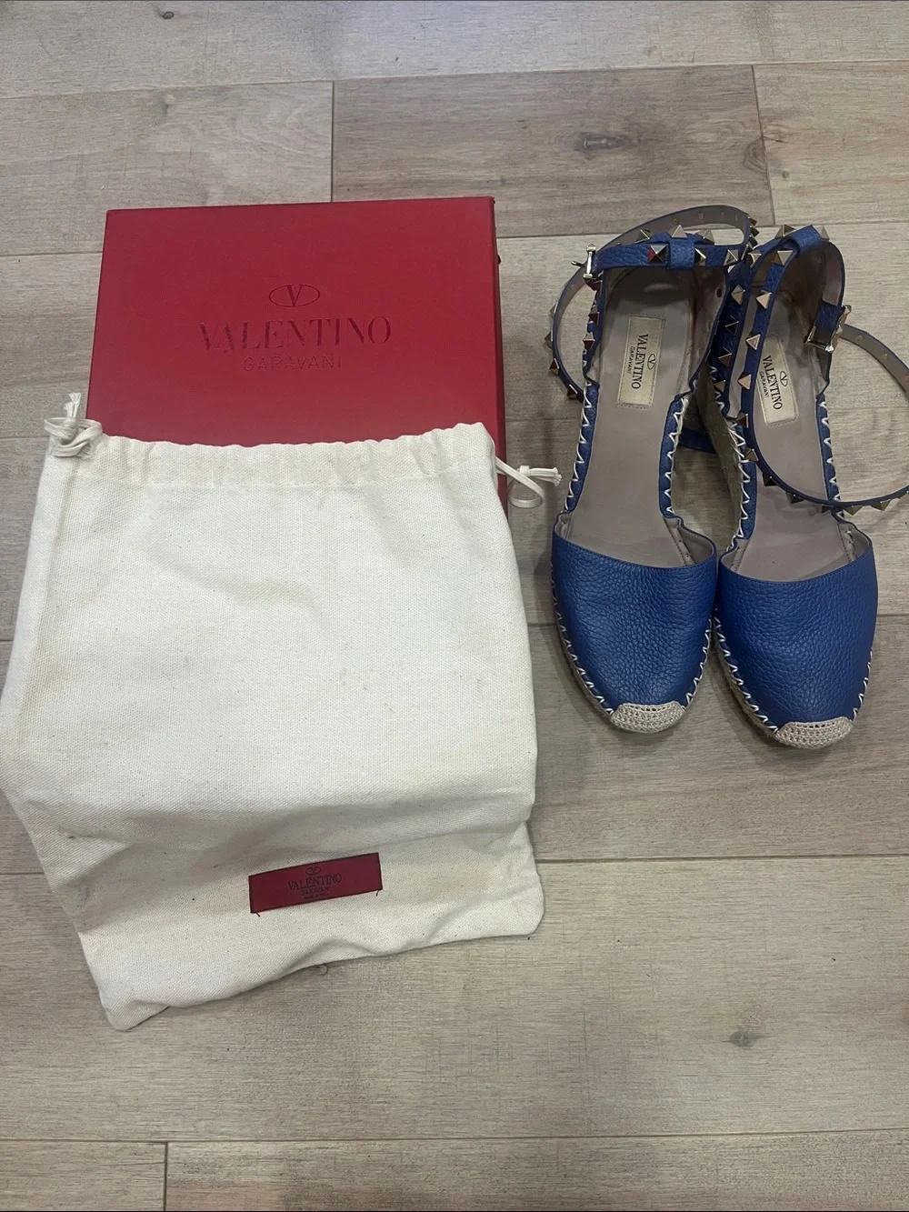 Valentino Blue Leather Studded Ankle-Strap Espadrilles with box and dust bag
